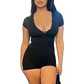 Womens Sexy Short Sleeve One Piece Summer Rompers Lace Scoop Neck Bodycon High Waisted Club Outfits Catsuits