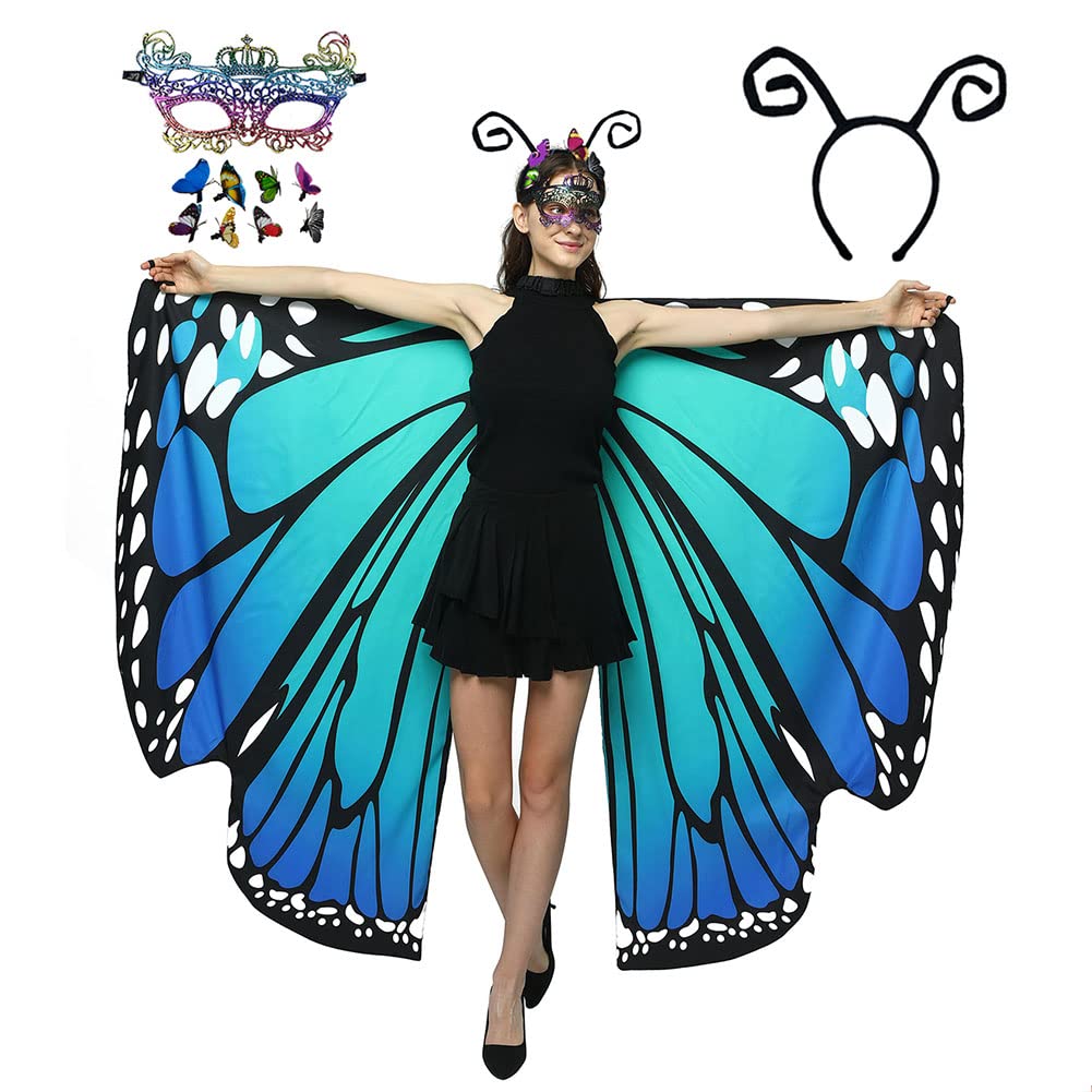 HAPNBCELE Womens Double-Sided Butterfly Wings Costume, Butterfly Cape with Lace Mask Headband Fairy Party Halloween Christmas (Lake Blue, 165 x 135cm) — image 1