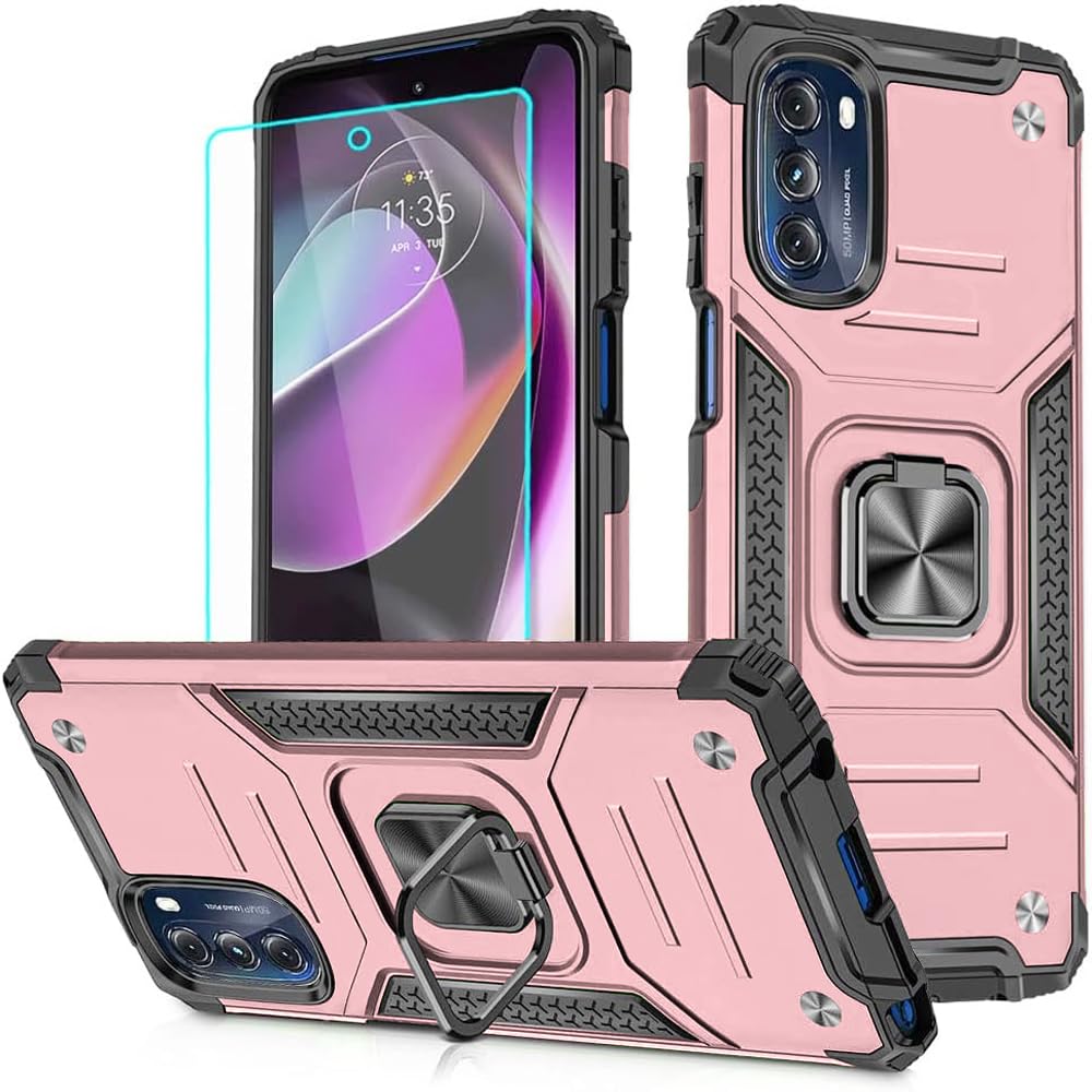 for Moto G 5G 2022 Case with Screen Protector: Heavy Duty, Military Grade 360 Rotatable Kickstand, Shockproof Protective Case for Motorola Moto G 5G 2022 (Rose Gold)