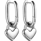 Heart Dangle Huggie Hoop Earrings: Womens Stainless Steel Heart Dangle Drop Earrings Hoops for Birthday Valentines Christmas