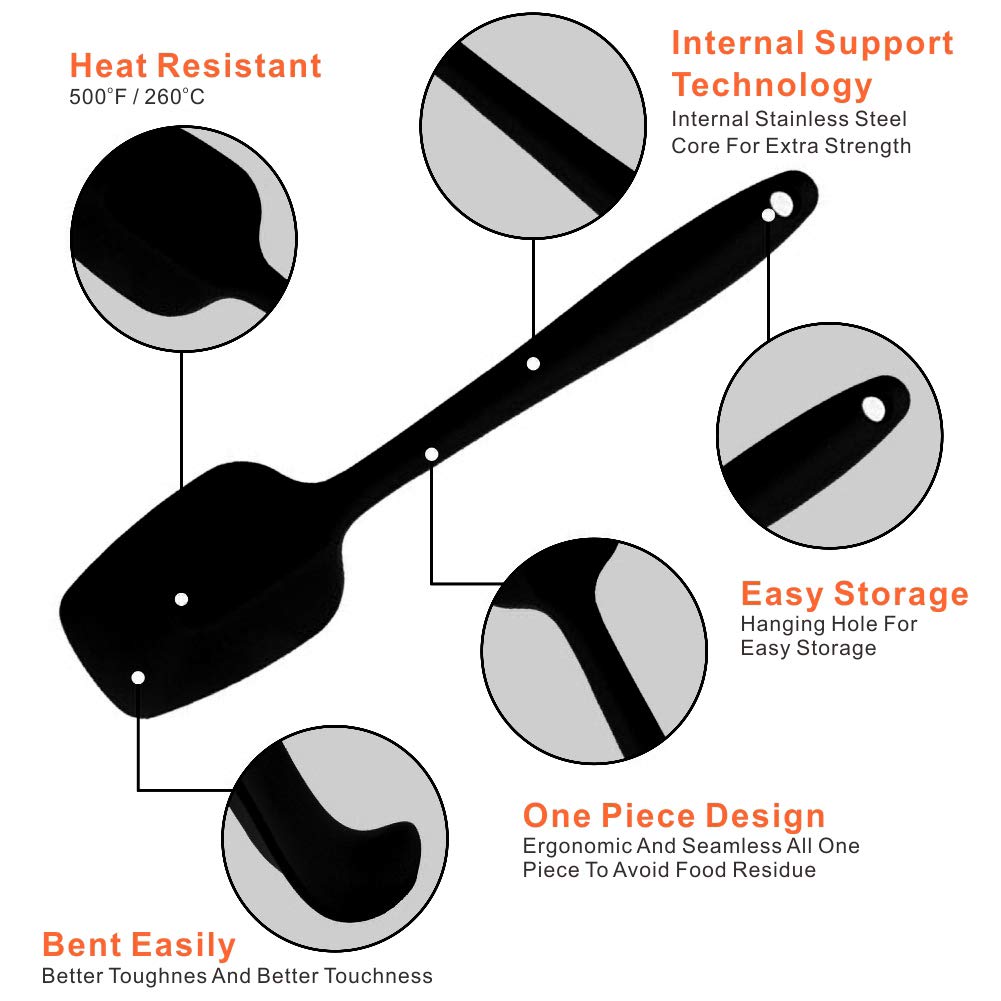 Silicone Spatulas Set, Rubber Spoon Spatula Heat Resistant Spoonula One Piece Design Seamless Spatula Non-Stick Scrapers Baking Mixing Tool (Black Set)