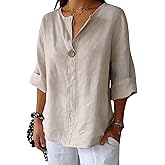 Grafumo Womens Cotton Linen Button Down Shirts Casual Summer V Neck 3/4 Sleeve Solid Loose Fit Tunic Tops Vacation Tee