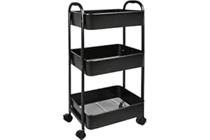 Goxeon 3-Tier Rolling Utility Cart with Caster Wheels,Easy Assembly, for Kitchen, Bathroom (Black)
