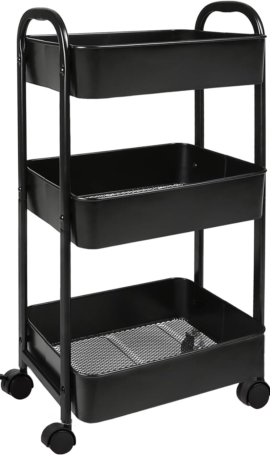 Photo 1 of Goxeon 3-Tier Rolling Utility Cart with Caster Wheels,Easy Assembly, for Kitchen, Bathroom (Black)