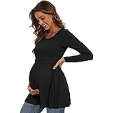 WOOXIO Women's Maternity Tops Short & Long Sleeve Pleated Waist Shirts Pregnancy Clothes