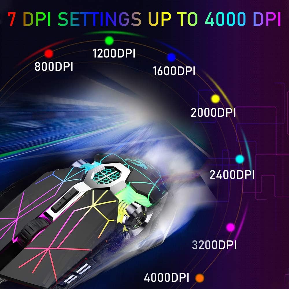 V8 Wired Gaming Mouse, 7 Color LED Rainbow Breathing Backlit, 7 Programmable Buttons, 7 DPI Settings Up to 4000 DPI - Image 5