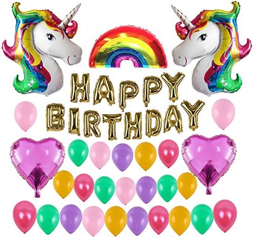 Kwayi Unicorn Happy Birthday Supplies, Party Decoration Set With HAPPY BIRTHDAY Banner Huge Rainbow Foil Balloon And Latex Balloon 43PCS For Happy Birthday Party