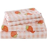 Yibeizi Pink Strawberry Sheet Set for Girls, Cute Full Size Kids Checkered Patterned Bedsheet Microfiber Deep Pocket Bedding Sheets & Pillowcases 4 Pieces