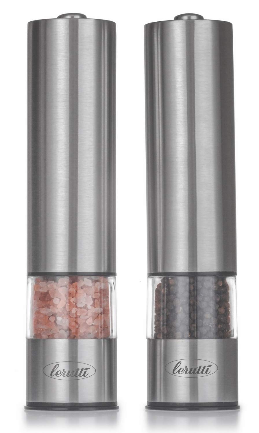 Electric Lerutti Salt and Pepper Grinder Set | Battery Operated Stainless Steel Grinders (Pack of 2) | Automatic Mills with LED Light and Caps at Bottom | Electronic Adjustable Shakers