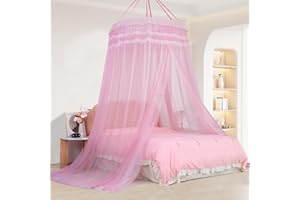 Lanpet Dreamy Princess Bed Canopy for Girls, Double Layer Sheer Mesh Canopy Curtain, Canopies Netting Room Decor Tent Mosquito Net for Kids & Adults Queen King Bed,Pink