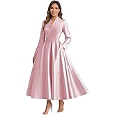 Xuzey Long Sleeve Satin Mother of The Bride Dresses for Women Tea Length Mother of The Groom Dresses with Pockets Belt