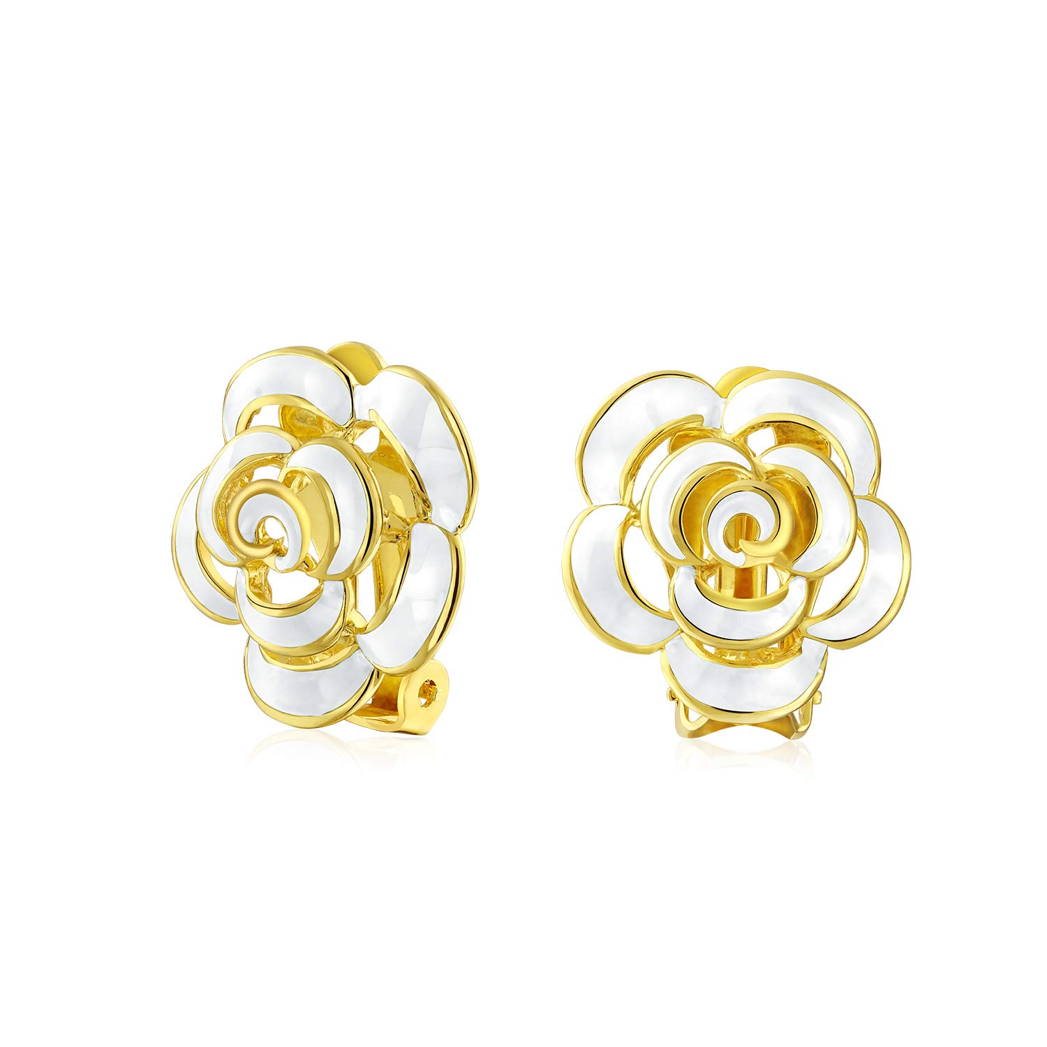 Fashion Enamel 3D Blue White Rose Flower Clip On Earrings Button Style Non-Pierced Ears Gold Plated โ image 1
