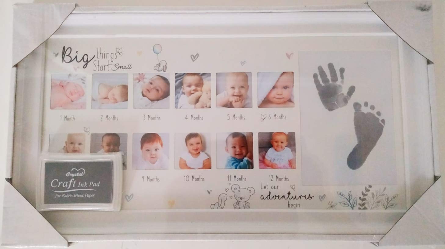 Hugs & Kisses - Hand/Foot print 12 month Photo Frame with Ink pad for Baby Boy and Girl
