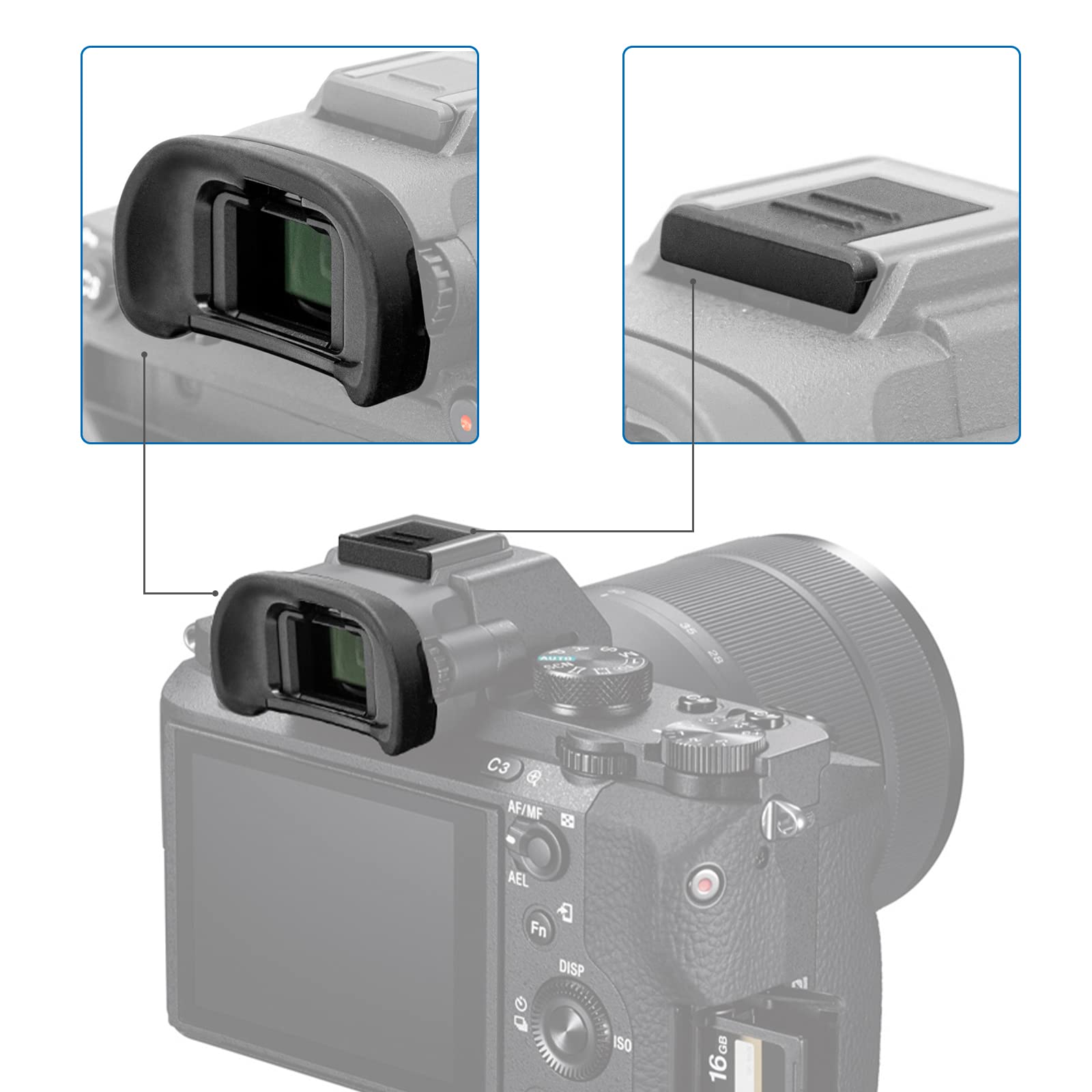 Aktualisierte Okularmuschel für Sony A7III A7II A9 A7S A99II A58 A7 A7R IV A7RIII A7SII 2 Pack Kamera-Blitzschuhabdeckung für Sony + 2 Pack Kamera-Augenmuschel-Ersatz für Sony 2