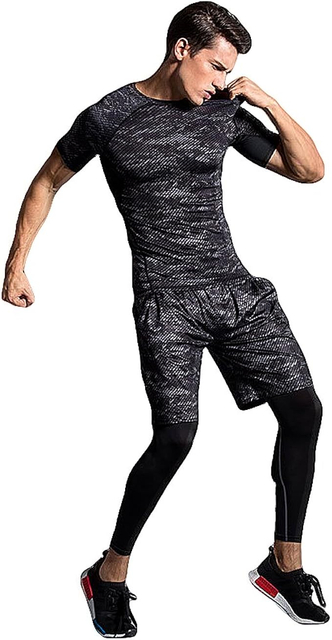 Amazon メンズ トレーニングウェア コンプレッションウェア ３点セット 半袖シャツ ハーフパンツ タイツ スポーツ トレーニング コンプレッショントップス 通販