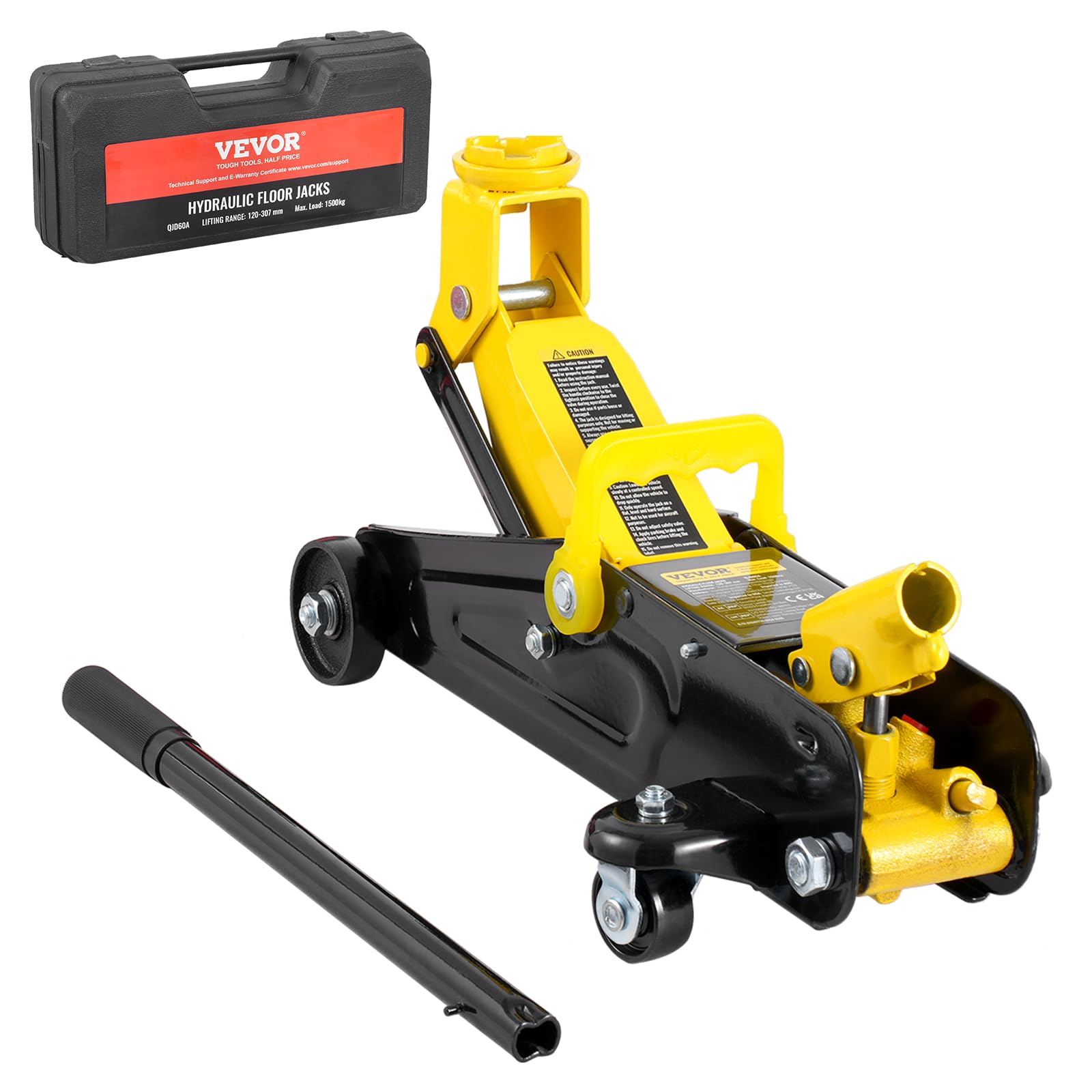 Photo 1 of VEVOR Low Profile Floor Jack 1.5 Ton (3300 lbs), Heavy Duty Iron Hydraulic Racing Floor Jack, Hydraulic Car Jack, Single Piston Quick Lift Pump, 4.7"-12.1" Height Lifting Range (Yellow)