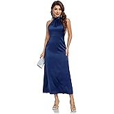 SITELUOYG Women's Elegant Mock Halter Neck Party Dress Sleeveless Satin Silk Cocktail Evening Maxi Dresses