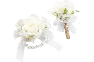 Floroom Ivory Rose Wrist Corsage Bracelet Wristlet Band and Men Boutonniere Set for White Wedding Flower Accessories Prom Suits