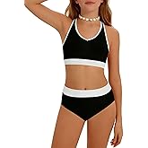 Girls Swimsuit Color-Block High Waist Sporty Sets Girls Two Piece Bathing Suit with Chest Pad Swimwear 7-16T