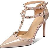 XINIUNIU Stiletto High Heels for Women Studded Heels with Studs Pumps 4 Inch Heeled Sandals Sexy Pointed Toe Ankle-strap Patent Leather Dress Wedding Shoes