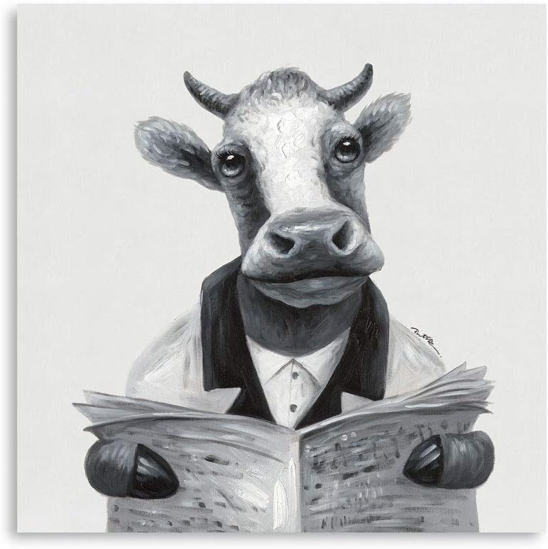 B BLINGBLING Cow Canvas Wall Art Decor: Cow Artwork Wall Decor Reading Newspaper Print for Living Room Office Framed Ready to Hang (24"x24"x1 Panel)