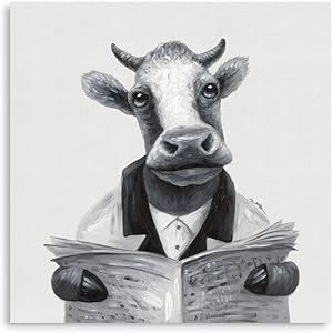 B BLINGBLING Cow Canvas Wall Art Decor: Cow Artwork Wall Decor Reading Newspaper Print for Living Room Office Framed Ready to Hang (24"x24"x1 Panel)