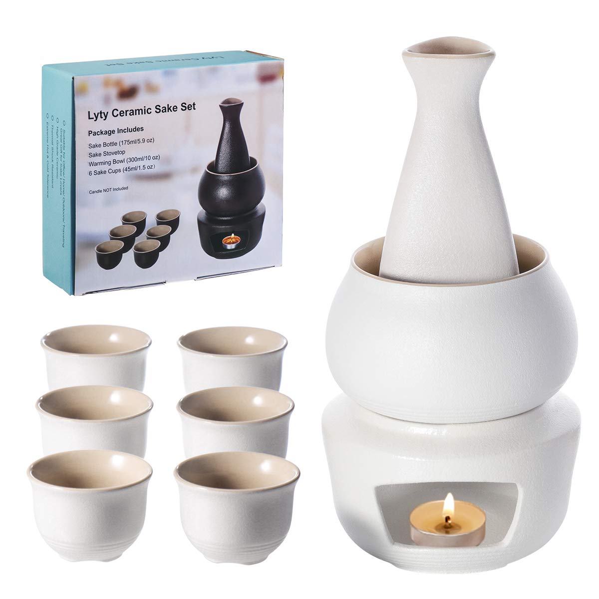 Lyty Ceramic Sake Set and Cups with Warmer, Traditional Pottery Hot Saki Drink Kit, 7pcs Include 1 Stove 1 Warming Bowl 1 Sake Bottle 4 Cup