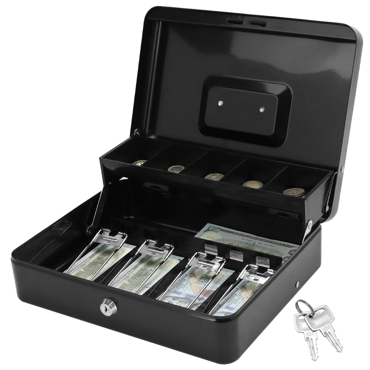 QWORK® Metal Cash Box, Money Box with 2 Keys, Double Layer Money Safe for Cash, 11.8x9.45x3.54 Inch Money Box, for Home, Office, Supermarkets
