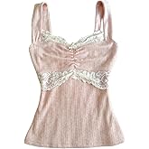 Women Fairy Grunge Tank Tops Vintage Aesthetic Lace Trim Cami Shirt Slim Fit Knit Ribbed Coquette Clothes
