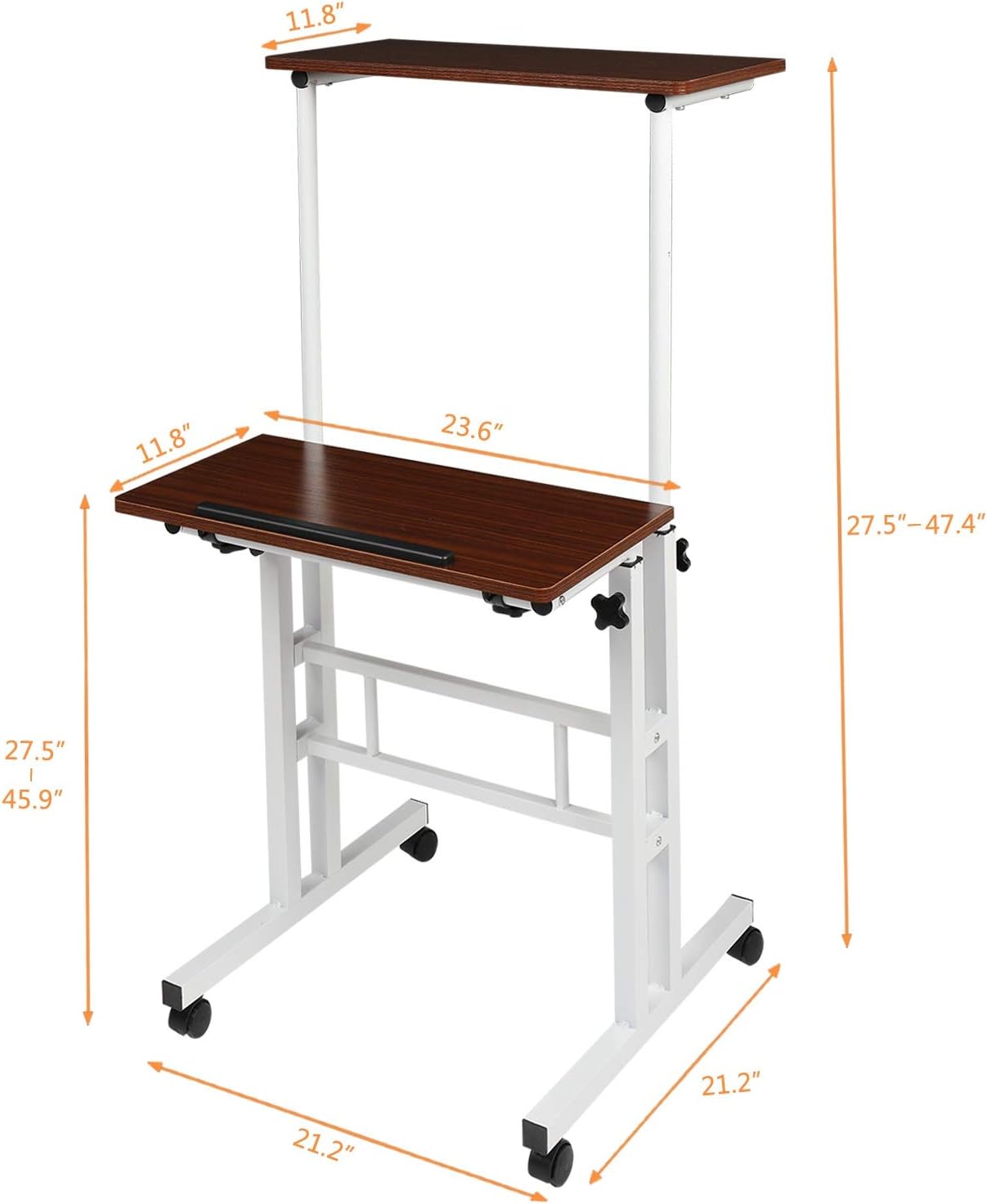 VINGLI Brown Mobile Standing Up Desk, Steel Frame with White Coating, Adjustable Wooden Laptop Desktop with Locking Wheels, Rolling Presentation Cart : Office Products