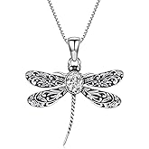 QKABTI Vintage Dragonfly Necklace for Women 925 Sterling Silver, Oval Birthstone Dragonfly Pendant Boho Jewelry Birthday Gift for Her, Mom, Grandma