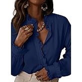 Astylish Womens Plaid Ruffle V Neck Button Down Blouse Casual Long Sleeve Tops Work Checkered Shirt