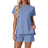 Lepunuo 2 Piece Short Sets for Women Summer Outfits Short Sleeve Tops Elastic Waist Shorts Lounge Set Vacation Travel Outfits