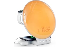 Dekala Sunrise Alarm Clock, Wake Up Light, Wireless Charger for iPhone/Apple Watch/Airpods, Sunrise & Sunset Simulation, Dual Alarms, Sleep Aid Noise Sound Machine, 7 Natural Sounds (No APP)