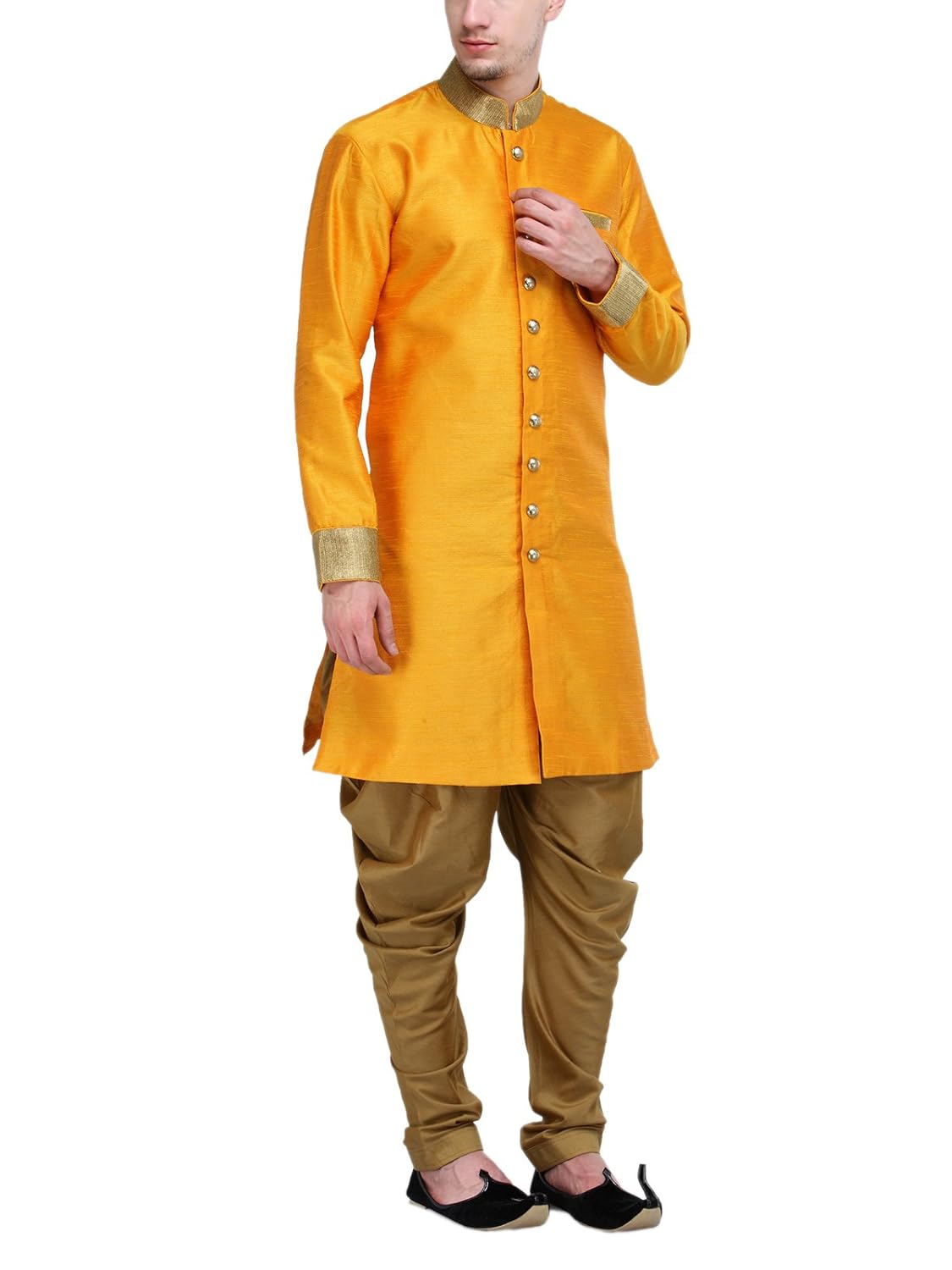 rg designers gold plain sherwani for men