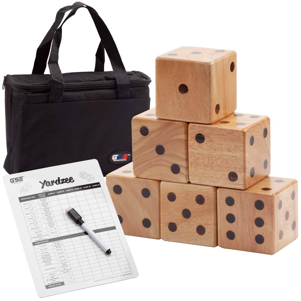 GSE Games & Sports Expert 3.5-Inch Premium Oak Giant Yard Dice Set with Carrying Bag and Yardzee & Farkle Scorecard. Outdoor Backyard Lawn Game for Family