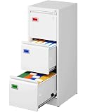 PEUKC 3-Drawer File Cabinet with Lock, 16.3" Deep Vertical Filing Cabinets, Metal File Cabinets for Home Office, Anti-Tip 3 Storage Drawers for Letter/Legal/A4/F4 Size (Assemble Required, White)