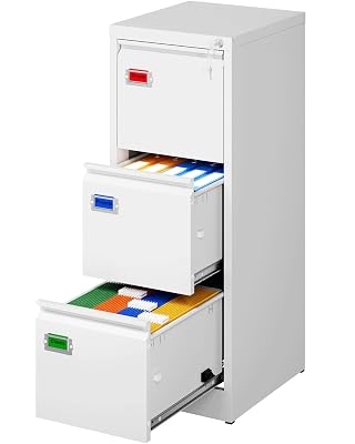 PEUKC 3-Drawer File Cabinet with Lock, 16.3" Deep Vertical Filing Cabinets, Metal File Cabinets for Home Office, Anti-Tip 3 Storage Drawers for Letter/Legal/A4/F4 Size (Assemble Required, White)