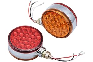 2pc 4" Round Double Face Single Stud Mount Red/Amber 48 LED Fender Reflective Stop Turn Signal Lights w/Chrome ABS Housing Se