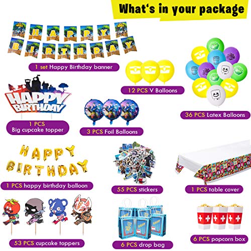 DMIGHT Birthday Party Supplies for Game Fans, 172 pcs Gaming Theme Party Decorations - Include Balloons, Party Favors Bags, Table Cover, Popcorn Box, Banner, Stickers, Cake Toppers