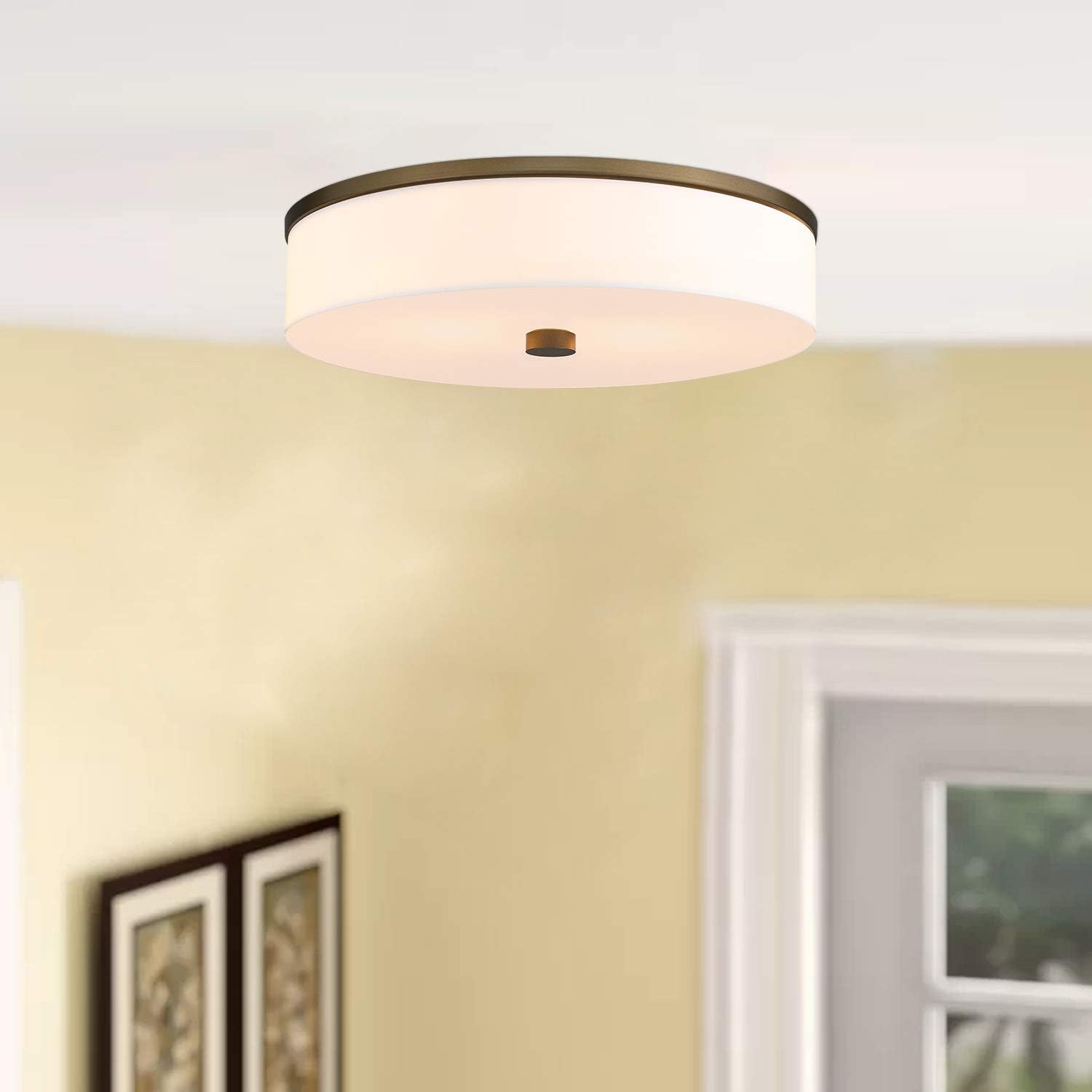 Contemporary 16" Flush Mount Light Fixture, LMS 2-Light Flush Mount Ceiling Light in Antique Brass Gold Finish, Large Ceiling Light Fixtures with Drum Milky White Acrylic Shade, Dimmable, LMS-031: Home Improvement