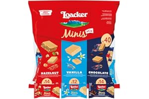 Loacker Minis Wafer Variety Pack - 30% Less Sugar - Premium Cream Filled Wafer Cookies - Mix of Hazelnut, Chocolate and Vanilla - NON-GMO - Sustainably Sourced - 40 Individually Wrapped Snack Packs
