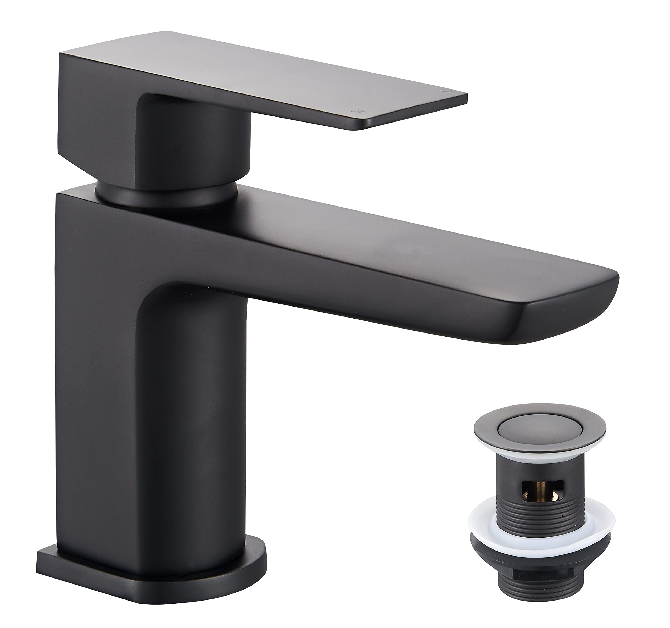 KEDWILL® Single Lever Mini Mono Basin Mixer Tap with Click Clack Sprung Waste Bathroom Sink Hot and Cold Faucet Solid Brass Modern Matt Black Easy to Fit/Install