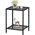 SAYGOER Black Side Table Small Glass End Table 2-Tier Narrow Square Bed Side Table, 13.4"x11.8"x19.7", Sofa Small Leisure Table with Black Metal Frame for Modern Living Room Bedroom, Black Glass