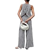 codcm Women's 2 Piece Gingham Set Summer Outfits Ruffle Tank Top and Wide Leg Pants Matching Lounge Set