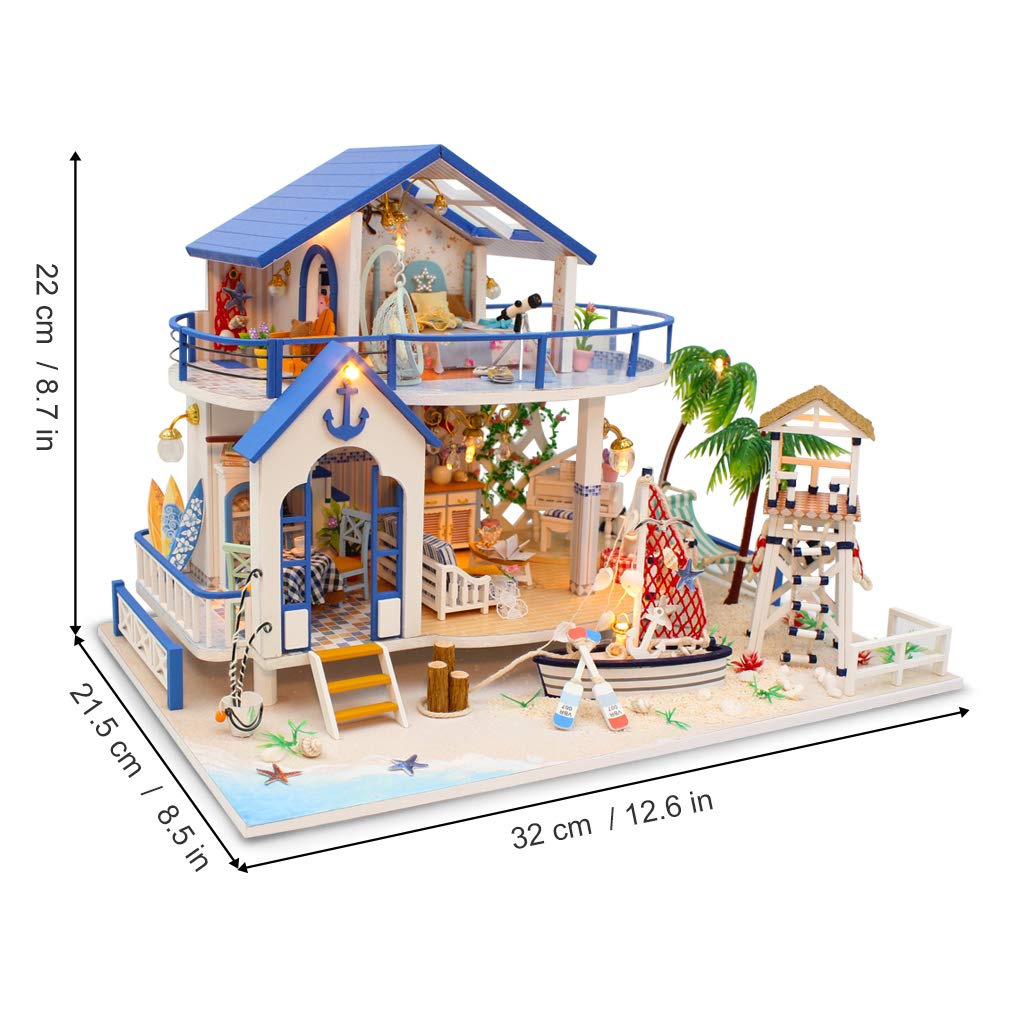 GuDoQi DIY Miniature Dollhouse Kit, Miniature House Kit 1:24 Scale,Tiny House kit with Music and Furniture Kit, Great Gift for Birthday Easter, Blue Sea Legend