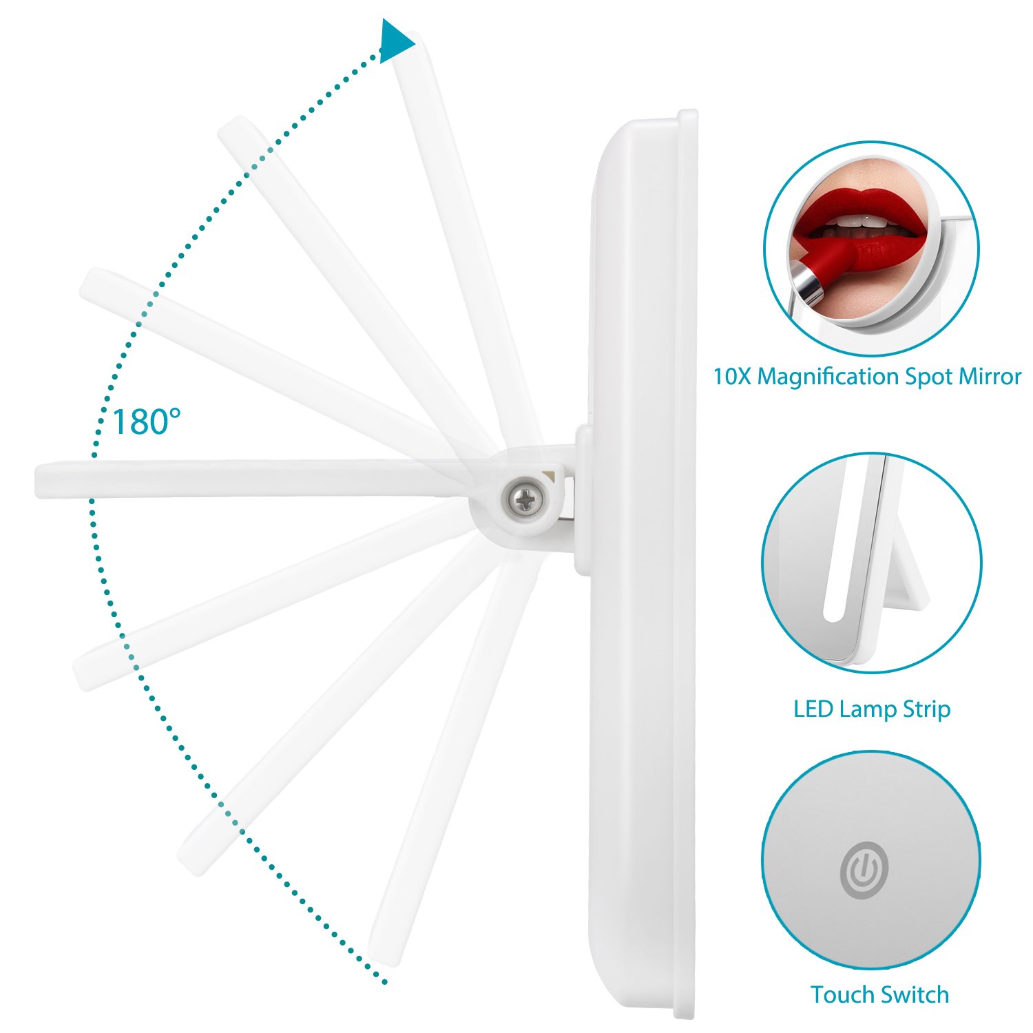 eNilecor Lighted Vanity Makeup Mirror with 10X Magnifying Spot Mirror 180° Rotation Stand for Countertop Travel Dimmable, Portable, Foldable Cosmetic Mirror, USB and Battery Charging