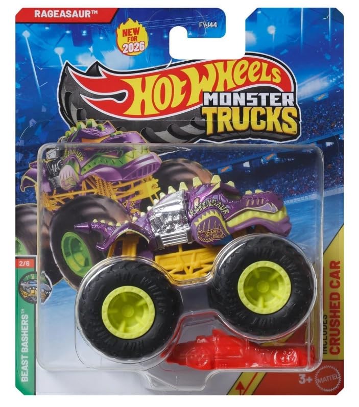Hot Wheels Monster Trucks Rageasaur, Beast Bashers 2/6 [Includes Crushed Car!] New for 2026! 1:64 Scale Diecast Toy Vehicle