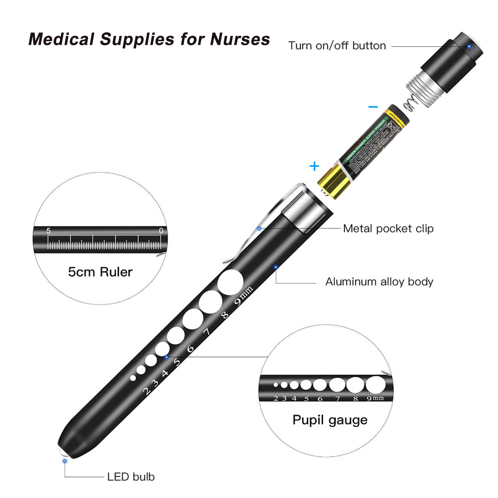 Opoway Nurse Penlight with Pupil Gauge LED Medical Pen Lights for Nursing Doctors Batteries Free, Black 2ct.