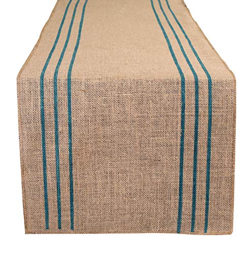 Ramanta Home 2-Pack Rustic Farmhouse Stripe Burlap Jute Table Runners 14x90 Natural with Teal Stripe